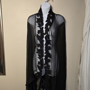 Elegant Black Sheer Shawl with Leaf Embroidery